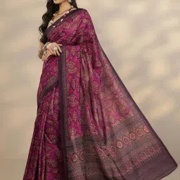 Libas Wine Floral Print Saree With Unstitched Blouse image 4