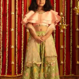 VASTRAMAY Girls Pink & Mint Green Embroidery Lehenga Cholis-image-6