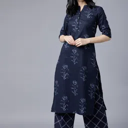 Vishudh Women Navy Blue Floral Printed Regular Pure Cotton Kurta with Palazzos-image-34