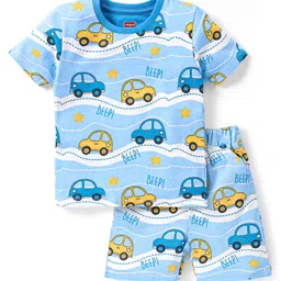 Babyhug Single Jersey Knit Half Sleeves Night Suit Vehicle Print - Blue-picture-27