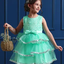 Mark & Mia Sleeveless Knee Length Layered Party Frock With Sequined Detailing & Bow Applique - Green-picture-12