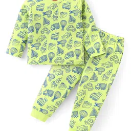 Babyhug Cotton KnitFull Sleeves Night Suit Vehicles Print - Light Green-picture-15