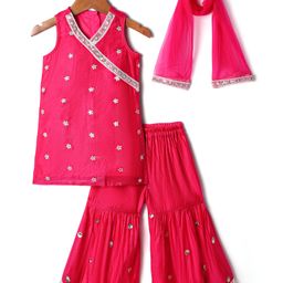 Babyhug Woven Sleeveless Floral Embroidered Kurti Gharara Set with Dupatta - Fuschia-picture-9