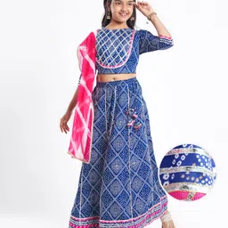 Pine Kids Rayon Woven Full Sleeves Choli Lehenga Set & Dupatta With Bandhani Print & Lace Detailing - Blue-picture-11