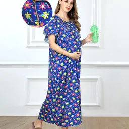 Bella Mama Cotton Knit Half Sleeves Maternity & Nursing Nighty Floral Print - Blue-picture-24