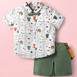 ToffyHouse 100% Woven Cotton Poplin Half Sleeves Text Print Shirt & Twill Woven Shorts Set With Bow & Suspender - Dark Green & White-image-63