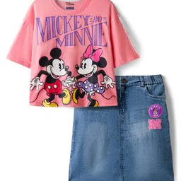 Pine Kids Disney Single Jersey Knit Oversize Drop Shoulder Half Sleeves T-Shirts & Skirt Set with Minnie Mouse Graphics - Pink & Blue-picture-26