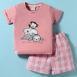 CUCUMBER Single Jersey Knit Half Sleeves Embroidered Shorts Night Suit With Animal Theme & Checks - Pink-picture-15