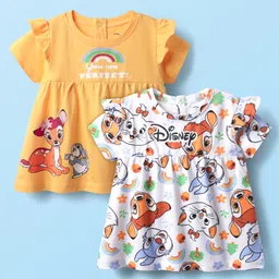 Babyhug Disney Single Jersey Knit Half Sleeves Frock Style T-Shirts with Bambi Graphics Pack of 2 - Yellow & White-picture-25