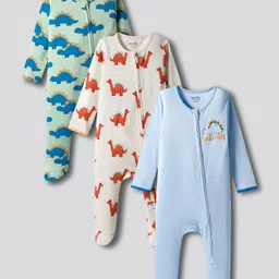 Bonfino 100% Cotton Kit Full Sleeves Footed Sleep Suits with Dino Print Pack of 3 - Light Blue Off White & Green-picture-33