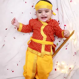 KID1 Cotton Woven Janmasthami Theme Full Sleeves Krishna Costume Set With Mor Pankh & Headband - Red-picture-11