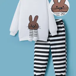 Mark & Mia Full Sleeves Winter Wear T-Shirt & Joggers Set With Bunny Applique - White & Black-picture-22