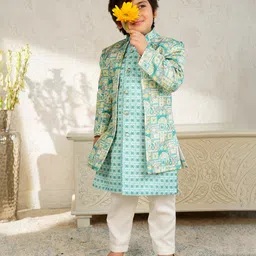 AJ Dezines Jacquard Woven Full Sleeves Floral & Abstract Printed Kurta Pant With Sherwani Jacket Set - Blue-picture-34