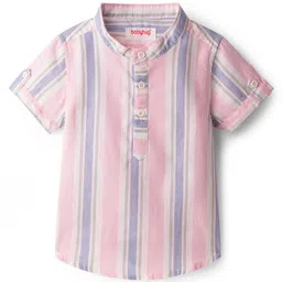 Babyhug Cotton Woven Half Sleeves Striped Shirt & Shorts Set - Beige image 2