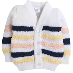 Little Angels Wollen Woven Full Sleeves Striped Cardigan With Cap & Socks Set - Navy Blue & Multi Colour image 3