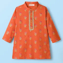 EARTHY TOUCH Woven Full Sleeves Kurta Pajama Set With Floral Print - Orange image 3