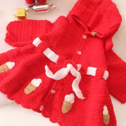 Woonie Handmade Christmas Theme Full Sleeves Ice Cream Designed Hooded Coat - Red image 5