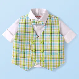 Babyhug WovenFull Sleeves Shirt & Jeans With Checkered Waistcoat & Bow- Light Green Blue & White image 5