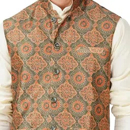 vastraa fusion Designer Digital Print Nehru Jacket Mango Silk Ethnic Festive Modi Waistcoat for Men's image 5