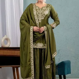 LEGEND WEAR Women Ethnic Motifs Embroidered Regular Thread Work Kurta with Sharara & With Dupatta-picture-51