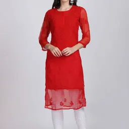 KHAKA Women Ethnic Motifs Self Design Round Neck Chikankari Kurta with Trousers & Dupatta-image-35