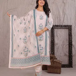 ZARI Women Floral Printed Sequinned Pure Cotton Kurta with Trousers & Dupatta image 4