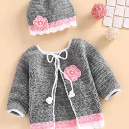 USHA ENTERPRISES Full Sleeves Floral Design Sweater With Cap - Grey & Pink image 1