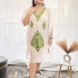 Kashmir Box Aari Embroidered Off-White Cotton Kaftan Dress image 2