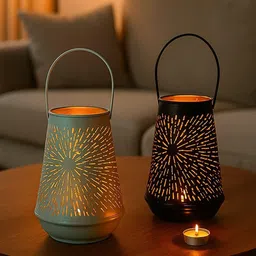 MARKET99 Black Set of 2 Turquoise & Black T-Lite Holders Rays Etching Design Candle Holder-picture-19