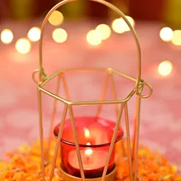 MARKET99 Red & Gold-Toned Plain Design T-Light Candle Holder image 1
