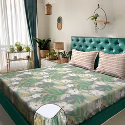 KLOTTHE Green Printed 300TC Fitted King Double Bedsheet With 2 Pillow Covers-2.5mx2.25m-image-24