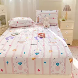 JC HOME White & Pink Striped 140 TC Fitted King Size Bedsheet Set 1.80 m x 2.0 m image 5