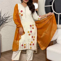 HERE&NOW Floral Embroidered V-Neck Straight Kurta With Trousers & Dupatta image 3