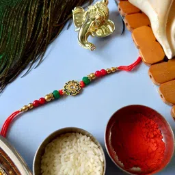 tipsy closet Green Stone Studded & Beaded Thread Rakhi Traditional Handmade Rakhi for Brother-picture-13