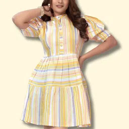 HEMANG FASHION Yellow Stripe Fit & Flare Party Wear Cotton Dresse image 4