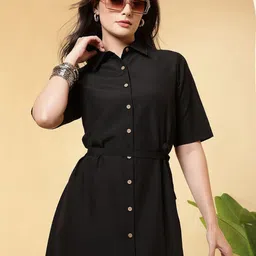 FITHUB Belted Linen Shirt Midi Dress image 3