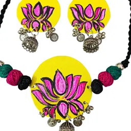 SOUNDARYA BOUTIQUE Women Lotus Design Handpainted Necklace and Earrings Jewellery Set image 2