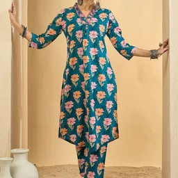 Indo Era Women Floral Printed Regular Thread Work Pure Cotton Kurta with Trousers image 2