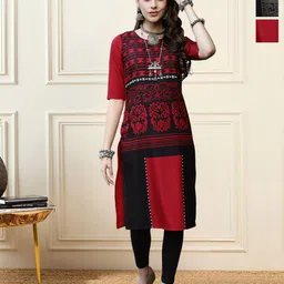 HERE&NOW Selection Of 3 Floral Printed Round Neck Straight Kurtas-picture-26
