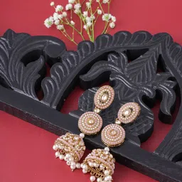 VATSALYA creation Women Gold-Plated Artificial Stones Dome Shaped Jhumka Earrings image 3