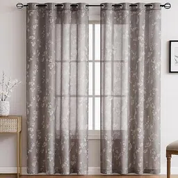 BFAM Dark Grey Floral Set Of 2 Window Sheer Eyelet Curtain-picture-22