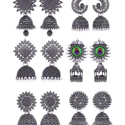 MEENAZ Set Of 6 Silver-Plated Oxidised Dome Shaped Jhumkas-image-97