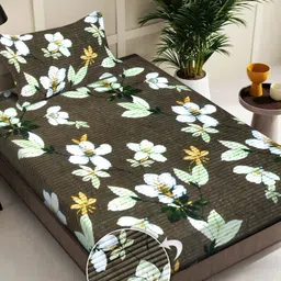 FABINALIV Taupe & Green Floral 300 TC Single Bedsheet with 1 Pillow Covers-image-6