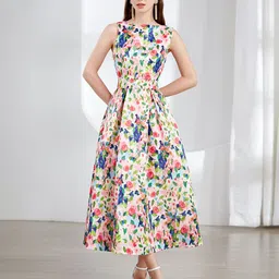 JC Collection Floral Printed Boat Neck Sleeveless Fit & Flare Midi Dress-image-80