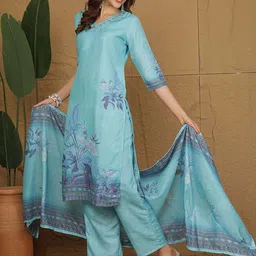 Anouk Floral Printed Thread Work Straight Kurta With Trousers & Dupatta image 5