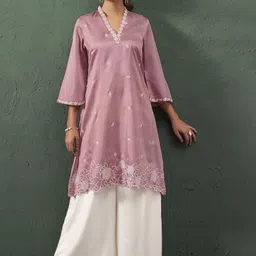 Anouk Floral Embroidered V-Neck Pure Cotton A-Line Kurta-image-36