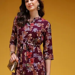 HERE&NOW Floral Printed Mandarin Collar Button-Down Ethnic Midi A-Line Dress with Belt-picture-16