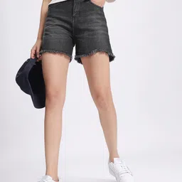 glitchez Women City Chill Frayed High Rise Slim Fit Shorts-image-3