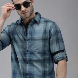 Roadster Men Blue & Black Tartan Checked Pure Cotton Sustainable Casual Shirt-picture-24