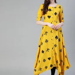 Blissta Women Mustard Yellow Printed A-Line Kurta-picture-10